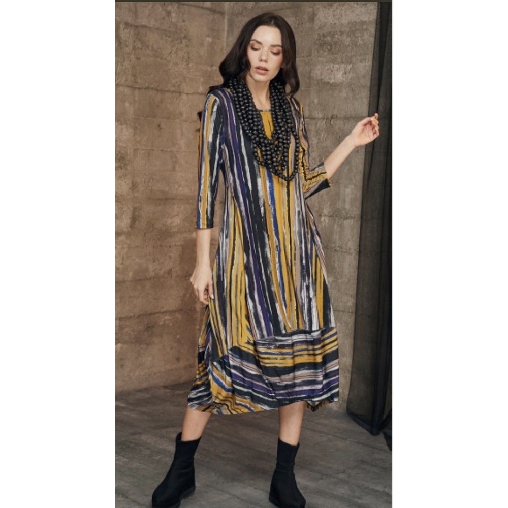 KOZAN demi dress M abstract geometric midi harvest 3/4 sleeves lagenlook